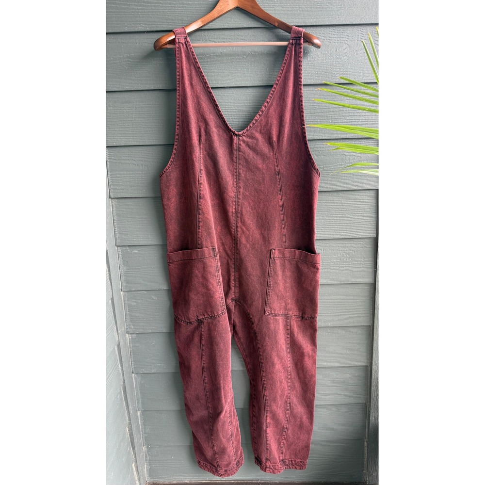 Free People We The Free Cotton Barrel Leg Overalls Jumpsuit Burgundy L - Picture 2 of 10